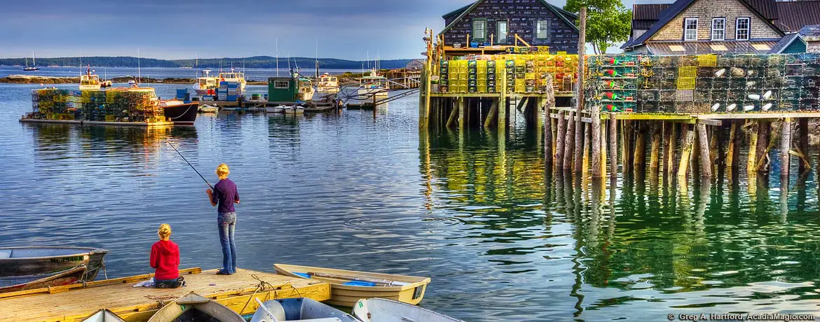 Young people fishing in Bernard village in Tremont, Maine