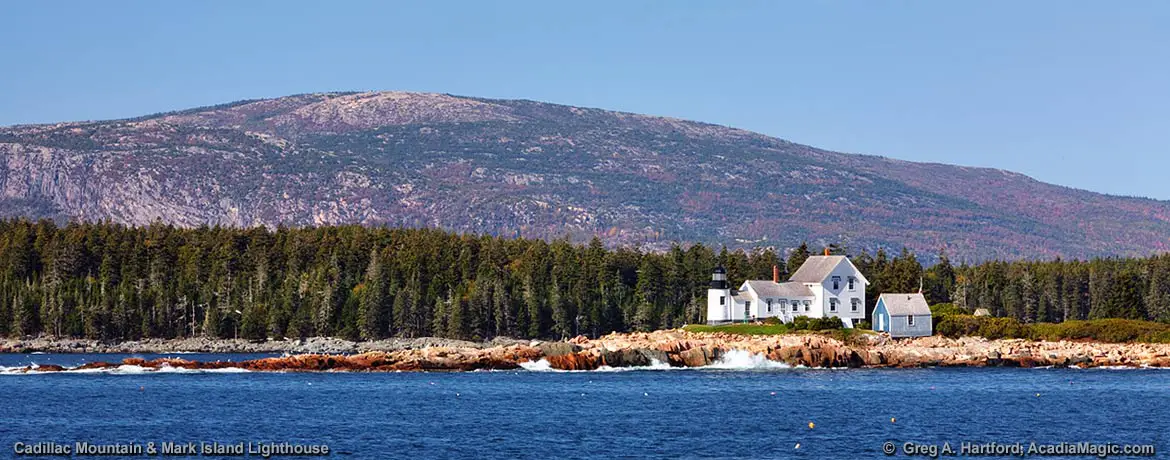 Mark Island Lighthouse with Cadillac Mountain in distance
