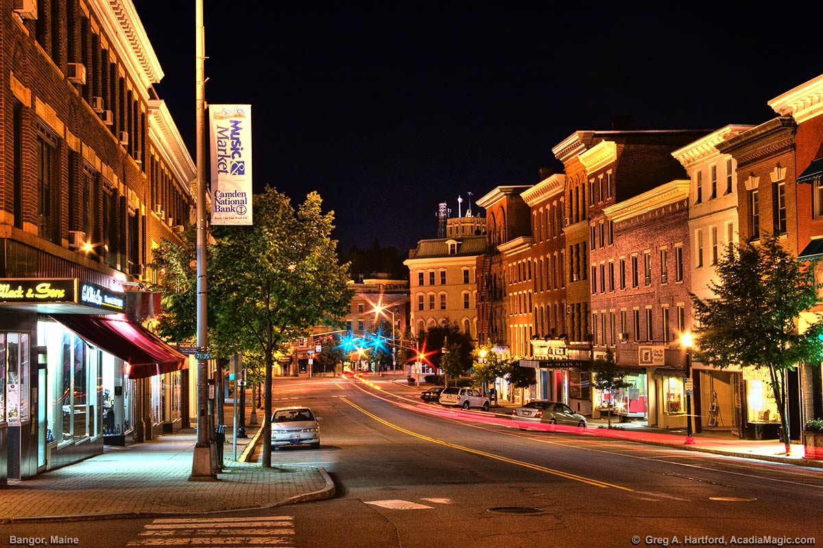 Main Street at night in Bangor, Maine