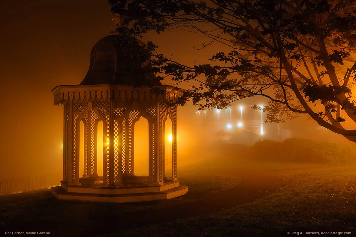 Bar Harbor, Maine gazebo during late night fog