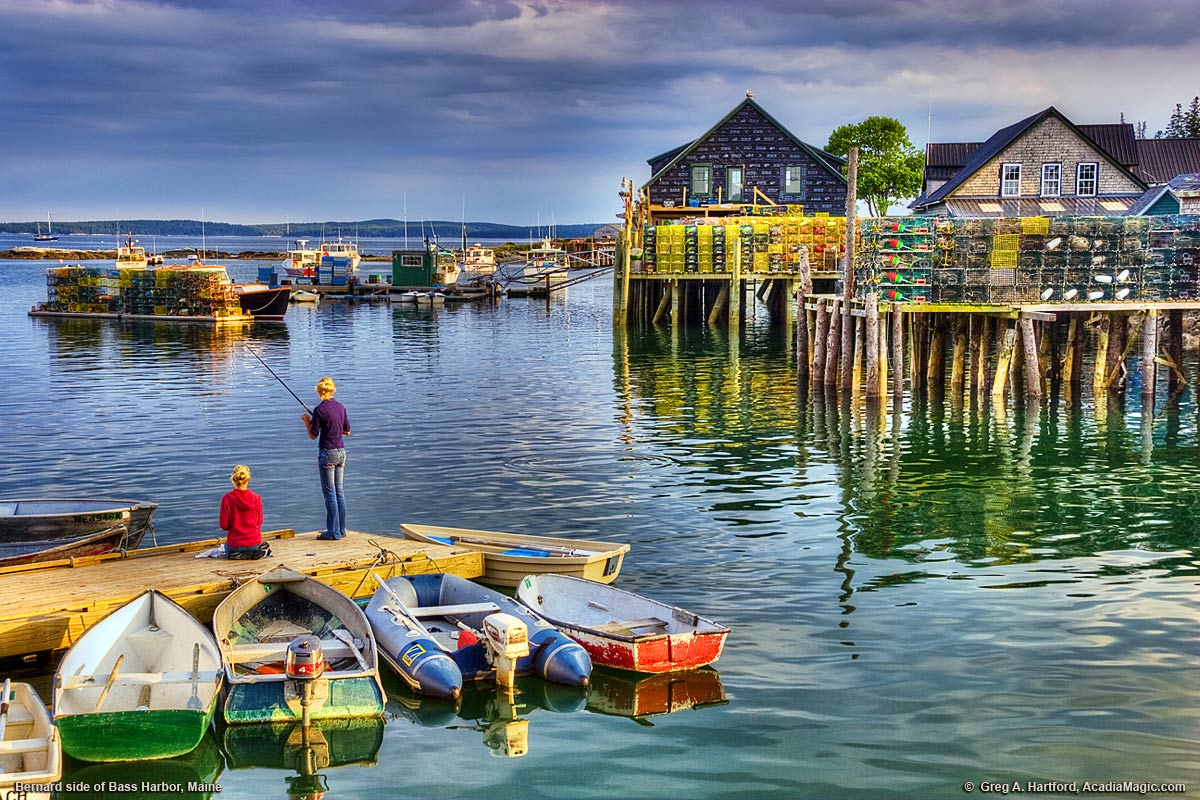Children fishing off dock in Bernard, Maine