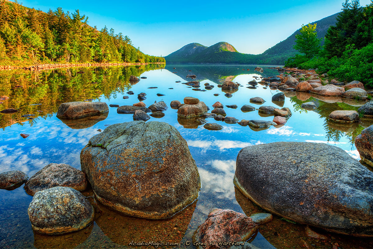 This is a close-up showing some of the large boulders at Jordan Pond.