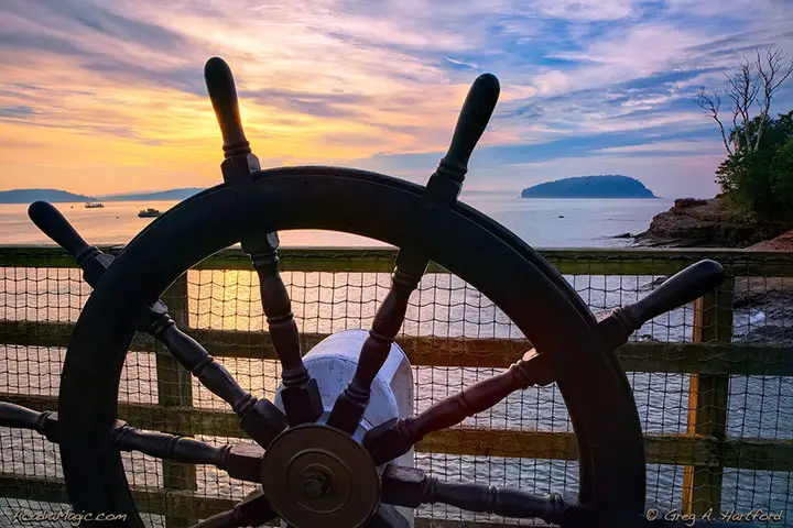 Navigation wheel on dock in Bar Harbor, Maine