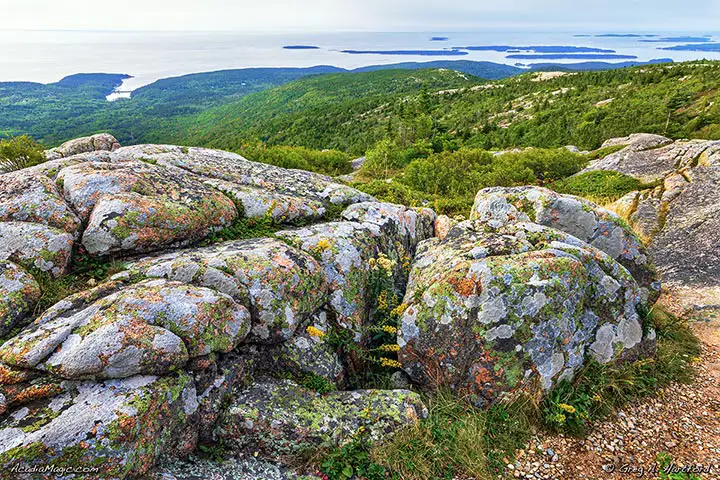 This is an early morning view of a section of Cadillac Mountain with the Cranberry Isles in the distance during mid October.