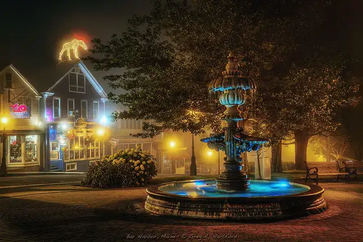 Foggy night next to fountain in Bar Harbor