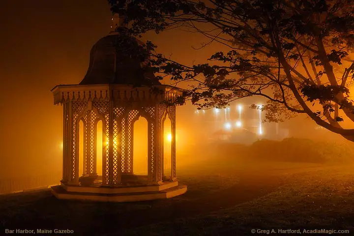Bar Harbor gazebo at night in fog