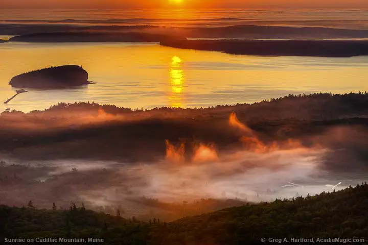 Sunrise over Bar Harbor, Maine seen from Cadillac Mountain