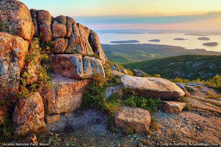 Mountain view of Bar Harbor and out islands below