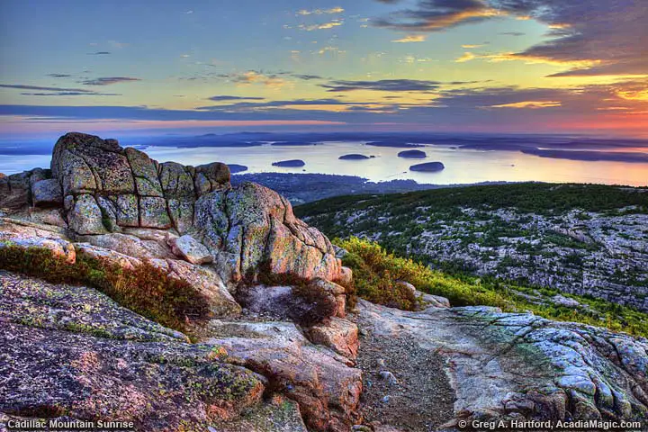 Sunrise view of Bar Harbor from Cadillac Mountain in Acadia