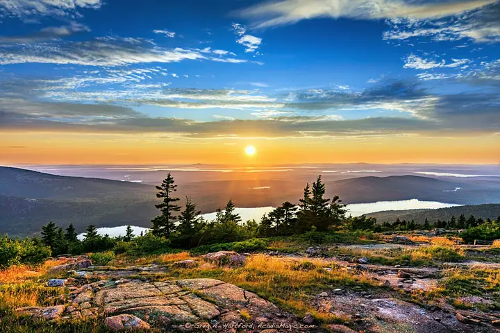 Sunset over Eagle Lake seen from Cadillac Mountain in Acadia National park, Bar Harbor, Maine.