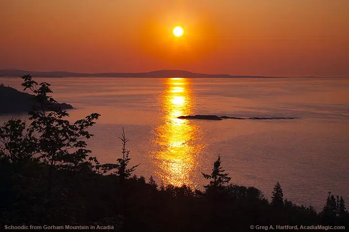 View of sunrise over Schoodic Peninsula