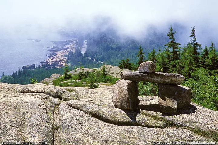 A hiking trail cairn on Gorham Mountain