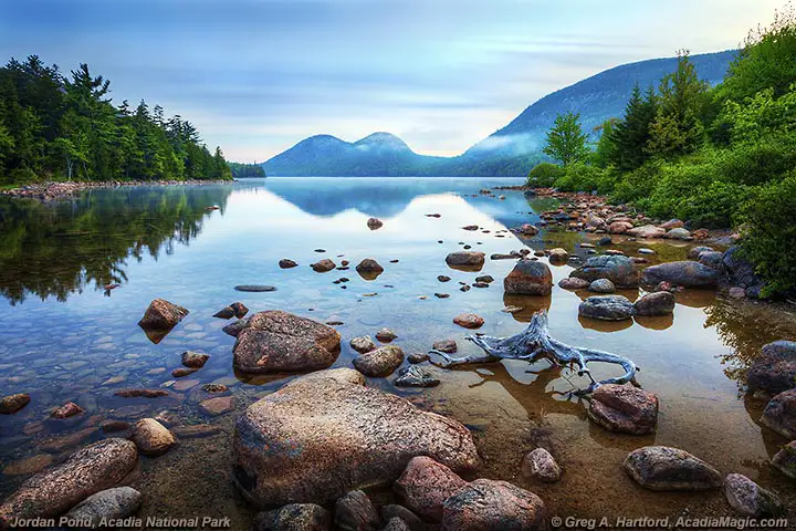 Classic view of Jordan Pond and The Bubbles in Acadia National Park