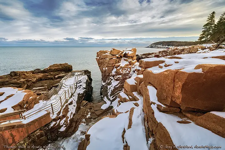 View of Thunder Hole taken during early March when there was still some snow.