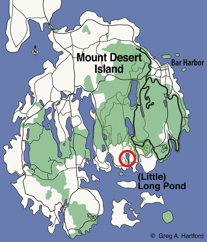 Location map of Long Pond in Seal Harbor, Maine