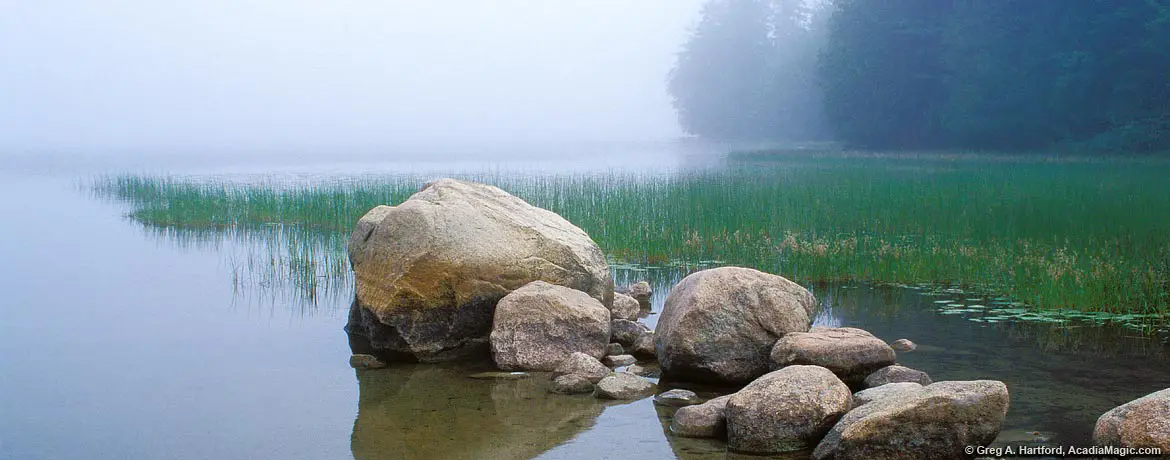 Foggy morning at Echo Lake with boulders