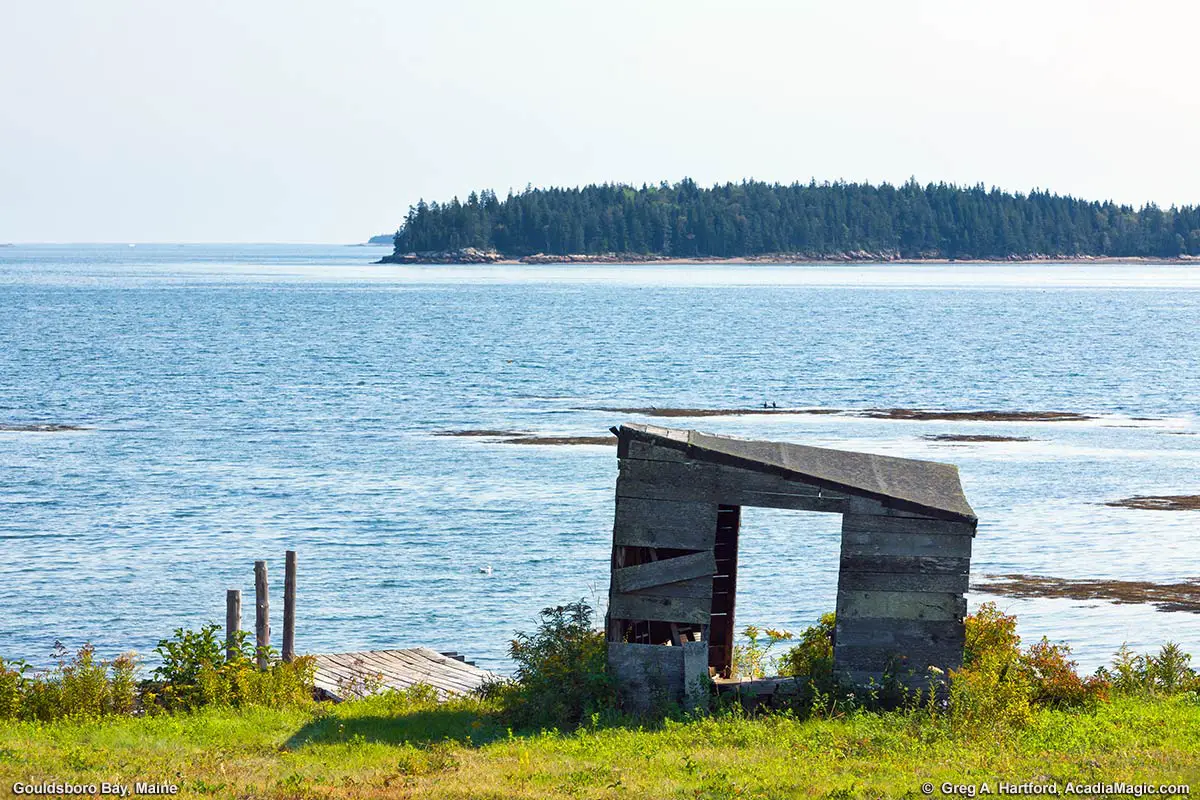 This photo of an old weathered shed and Gouldsboro Bay was taken from the village of Gouldsboro Point.