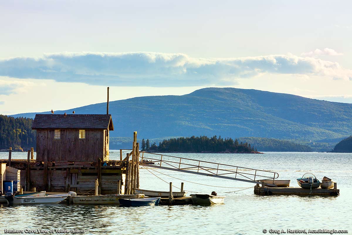 This shows Yellow Island, located in Winter Harbor, Maine, as seen from Bunkers Cove on the western side of Gouldsboro Peninsula.