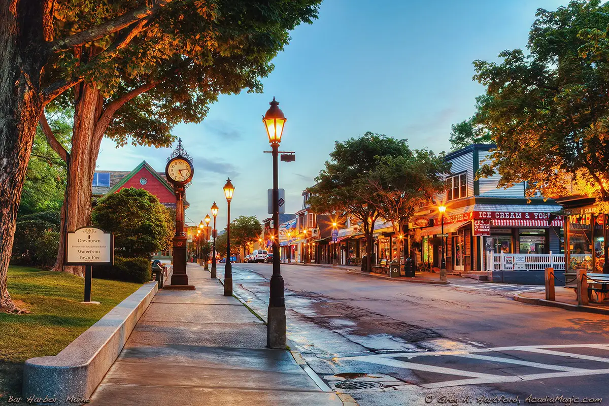 Early August view of the Village Clock in Bar Harbor, Maine