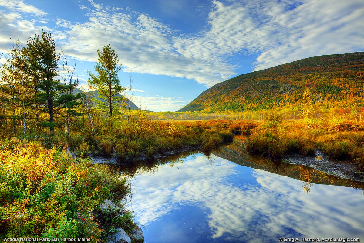 Autumn view of Dorr Mountain from Park Loop Road in Bar Harbor, Maine