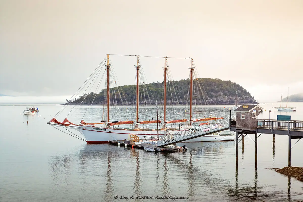 Bar Harbor Shore Path view of schooner Margaret Todd and Sheep Porcupine Island