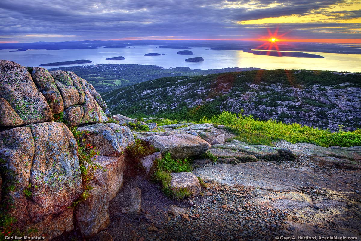 Sunrise over Bar Harbor seen from Cadillac Mountain