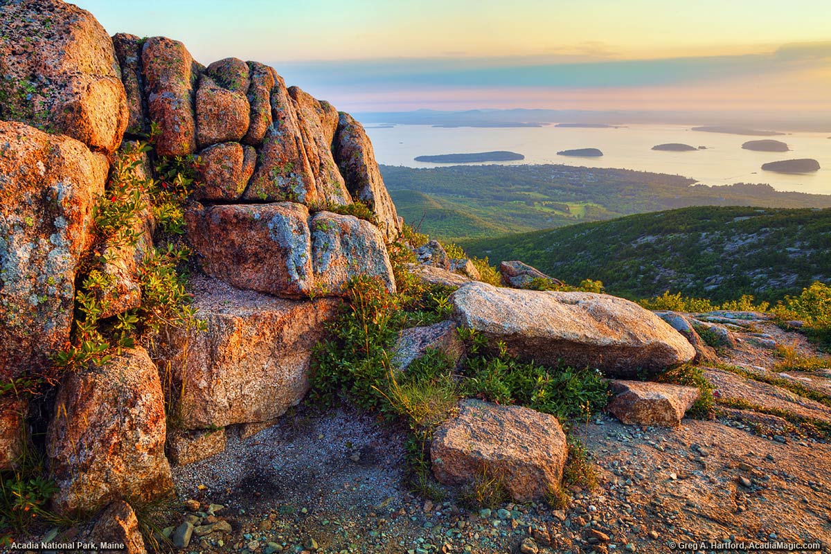 A soft and mellow sunrise seen from Cadillac Mountain