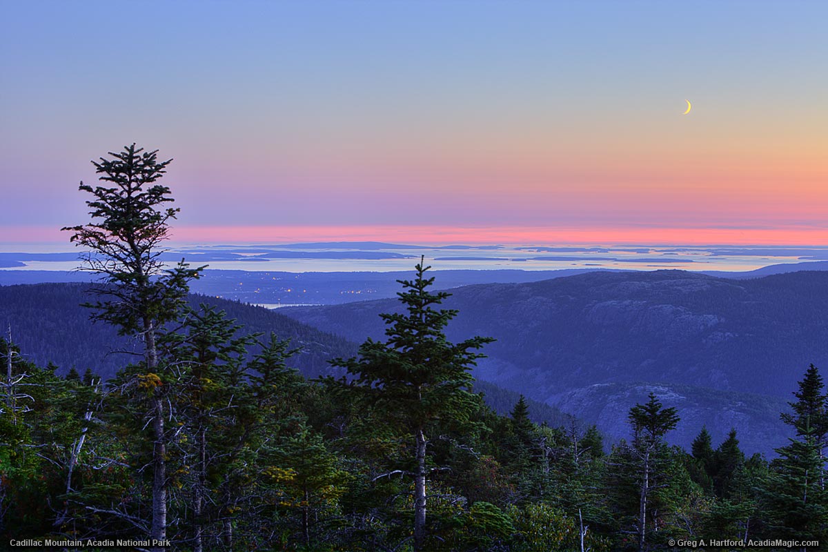 Twilight on Cadillac Mountain with moon