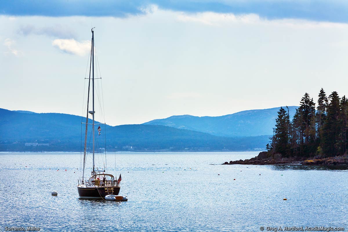 This shows part of the harbor in Sorrento, Maine looking toward Mount Desert Island.