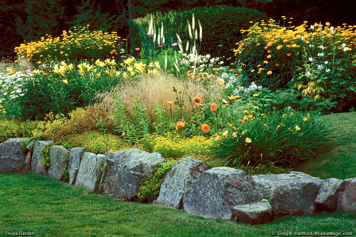 Thuya Flower Garden with large pieces of granite quarried from the island