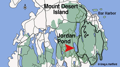 Jordan Pond location on Mount Desert Island, Maine