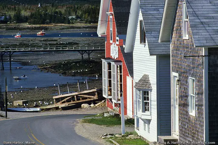 View Bass Harbor buildings all in a row.