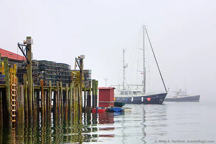 View Bass Harbor and boats on a foggy day.