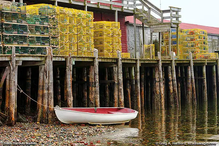 View Bass Harbor and boats on a foggy day.
