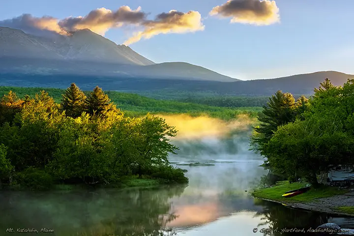 View of Mount Katahdin at sunrise from Abol Bridge