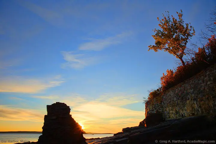 Sunrise on shore of Bar Harbor, Maine
