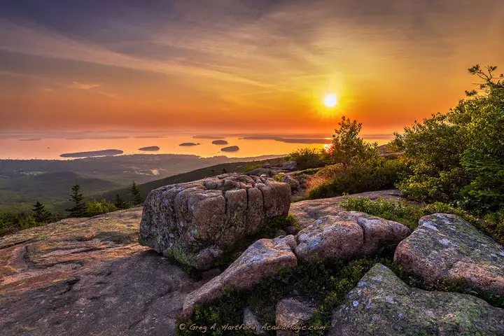 A spectacular sunrise over Bar Harbor seen from Cadillac Mountain