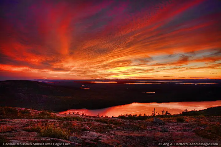 Sunset over Eagle lake seen from Cadillac Mountain in Acadia