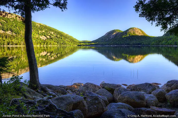 A very calm Jordan Pond in Acadia National Park