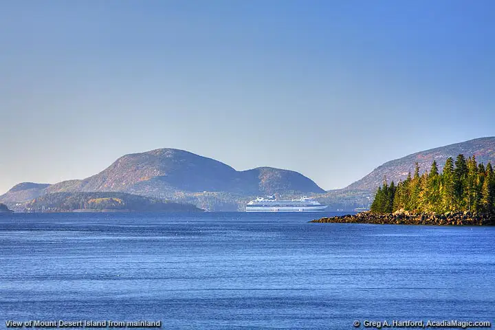 View of Bar Harbor and cruise ship from Sorrento near Schoodic