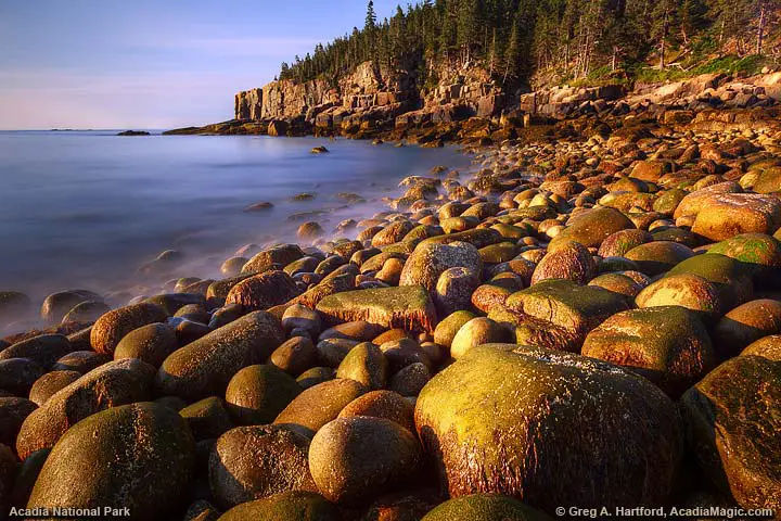 The boulders near Otter Cliff have been smoothed over by century upon century of waves. Otter Cliff with round boulders