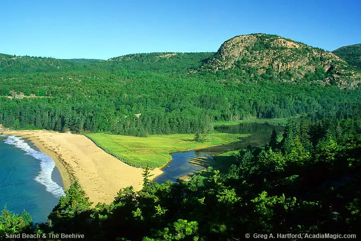 Sand Beach and The Beehive seen from Great Head Trail in Acadia